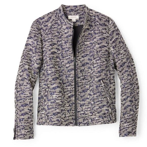 FOSSIL Arlene Jacket Blue Multi Leopard Print Metallic Full Zip Size Medium - Picture 2 of 8